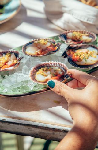 Zamburiñas al natural, con ponzu de pepino y menta